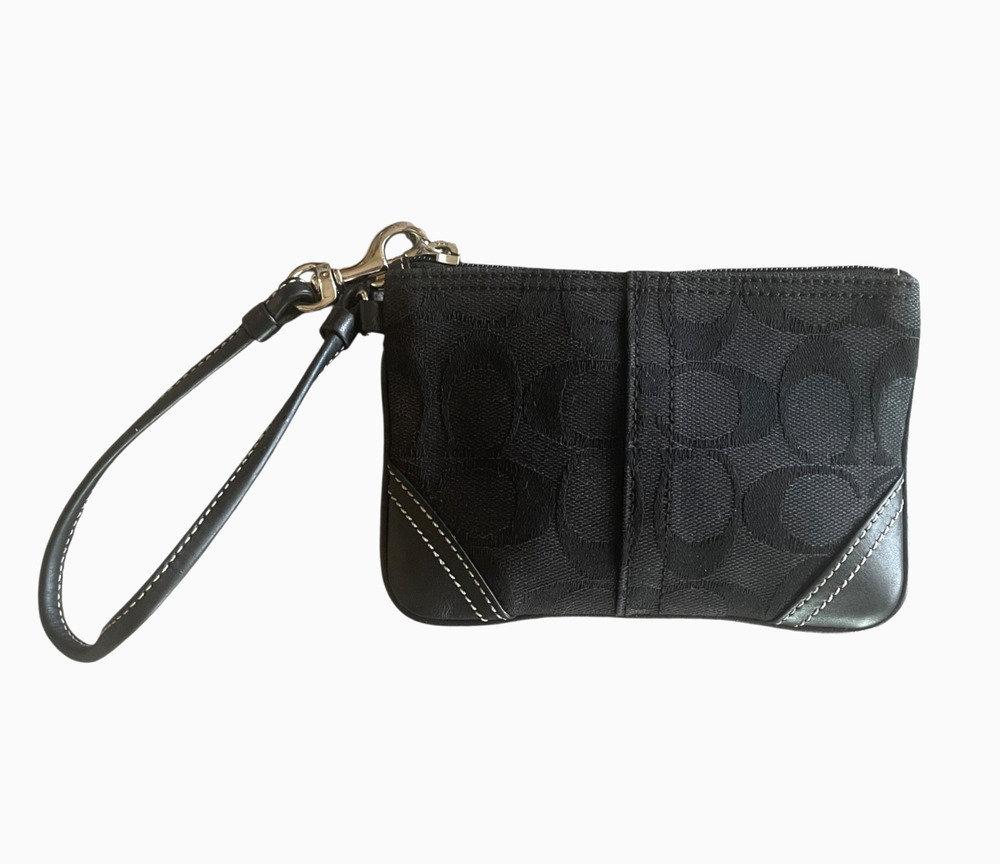 COACH Small Black Signature Logo Monogram Canvas Western Leather Zip Wristlet